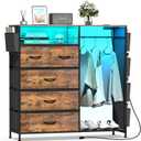 Espelism Dresser for Bedroom with Clothes Rack Side Pockets 5 Drawer Dresser with Charging Station LED Lights Black Storage Chest of Drawers for Hallway Closet Sturdy Steel Frame Wood Top (Brown), 43.3"D x 13.8"W x 43.3"H