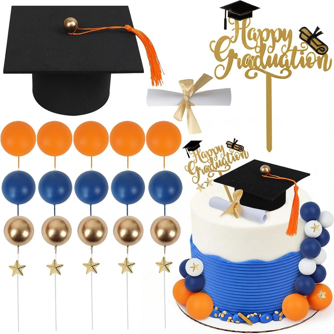 Graduation Cake Toppers - Graduations Cap Diploma Balls Congrats Grad Cake Decorations for 2026 High School College Senior Graduation Supplies (Orange Navy Blue Gold)