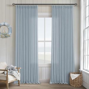 Blue Grey 90 Inch Linen Curtains Pinch Pleated for Living Room Bedroom Dining Boho Coastal Light Filtering Pinch Pleat Drapes Hooks Rings Back Tab Semi Sheer Dusty Blue Window Curtains 2 Panels