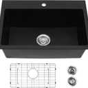 Davivy 27 inch Black Granite Kitchen Sink, 27 x19 Black Quartz Dual Mount Kitchen Sink, Undermount & Drop In Installation, Single Bowl Design, 26.7 x 18.9