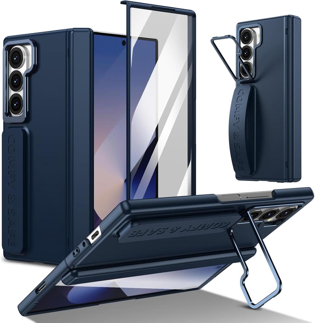 for Samsung Galaxy Z Fold 6 Hand Strap Case, Built-in Screen Protector & Hinge Protection & Camera Cover Kickstand, Military Grade Full Body Shockproof Protective, Blue