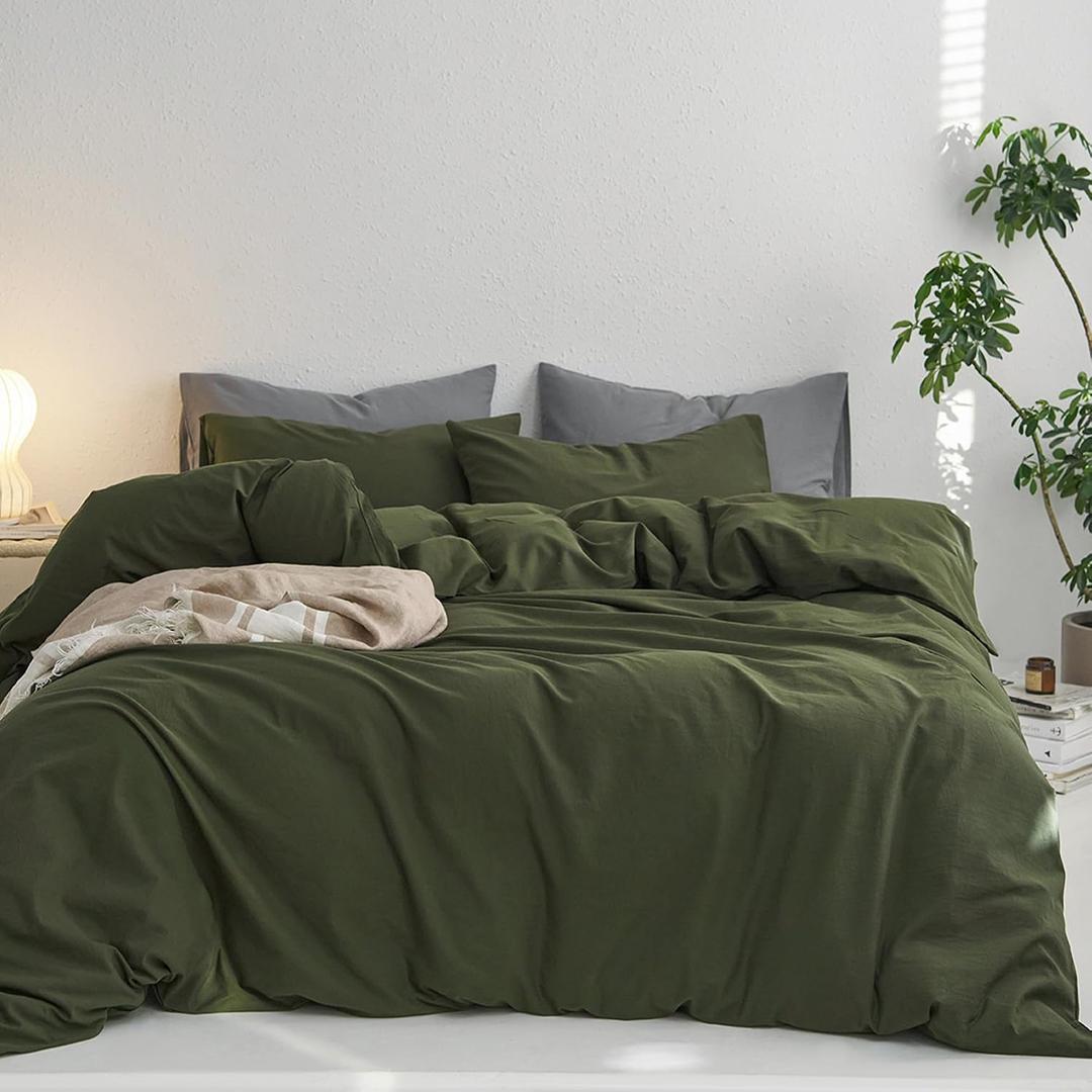 MooMee Queen Duvet Cover Set, 100% Washed Cotton Linen Like Twill Thick Sturdy Material Super Soft Breathable Durable Bedding for All Season, 3 Pieces (Olive Green, Queen 90"x90")