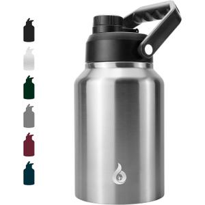 BJPKPK 64 oz Insulated Water Bottle, Dishwasher Safe Half Gallon Water Bottle with Ergonomic Handle, BPA Free Leak Proof Water Jug with Anti-slip Bottom, Stainless Steel Primary Color, 64oz, Stainless Steel