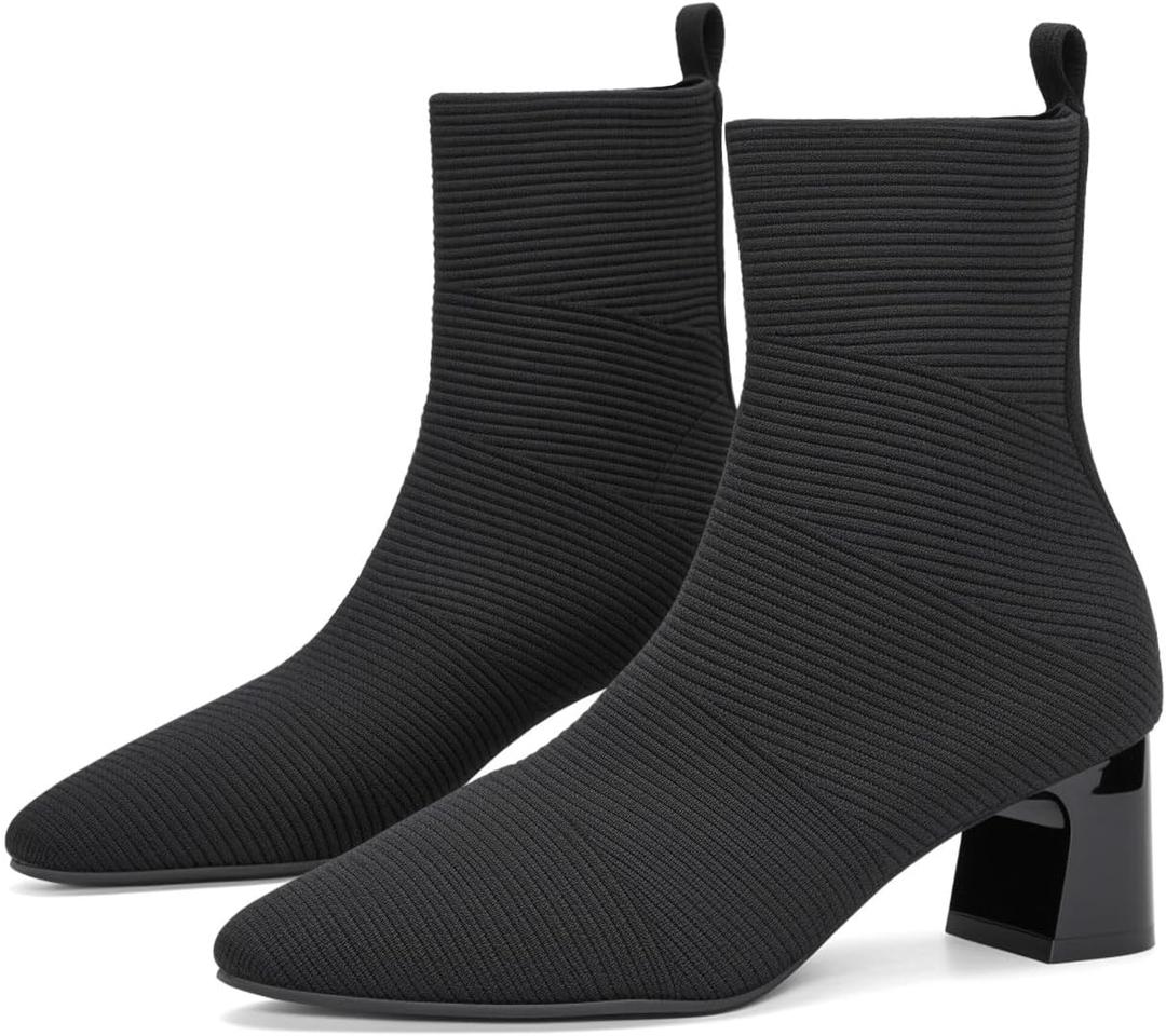 Women's Ankle Boots Comfortable Pointed Toe Breathable Sock Knit Low Heel Fall Work Office Booties (41, Chunky-black)