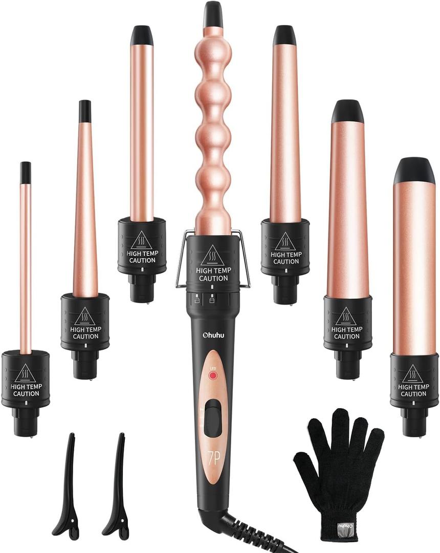 7 in 1 Curling Wand Set: Ohuhu Curling Iron Wand 7Pcs 0.35 to 1.25 Inch Interchangeable Ceramic Barrel Heat Protective Glove 2 Clips Dual Voltage Hair Curler Women Rose Gold