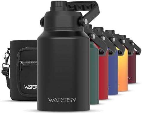 WATERSY Half Gallon Water Bottle Insulated(Cold for 48 Hrs),BPA Free&Leak Proof,64oz Stainless Steel Water Jug/Flask,Big thermo,Large Water Bottle with Handle for Gym,Hiking,Camping,Black