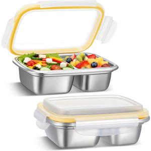 Blushtier 2 Pack Stainless Steel Snack Containers, 550ml Dual Section (Non Sealed Divider), Leak Resistant Lids for Dry Foods, 304 Stainless Steel, Reusable Food Storage for Office, School, Travel