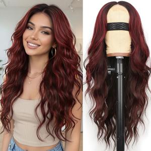 AISI HAIR Wig for Women, Long Wavy Brown Mixed Red Lace Hairline Middle Part Synthetic Heat Resistant Wig for Daily Party-26 Inch