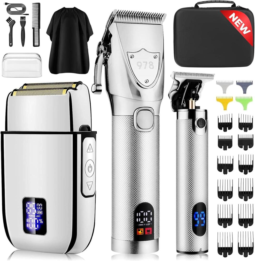 Suttik Professional Hair Clippers Set for Men, Electric Foil Shavers for Men, Barber Kit Clipper and Trimmer Set with Travel Case (Silver)