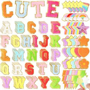 Chenille Letter Patches Self-Adhesive for Clothing: KINGSOW Preppy 129PCS Varsity Sew On Stickers - Cute Rainbow Lightning Sequin Star Patch for DIY Crafts Trucker Hats Makeup Bags