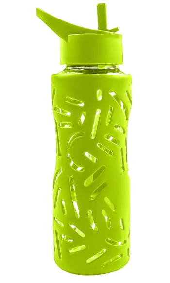 Top&Top 25oz Glass Water Bottles with Straw Cap Wide Mouth Sports Water Bottles with Protective Silicone Sleeve + 2 Reusable Different Leak-Proof Lids (BPA Free) for Fitness and Outdoor (Yellow)