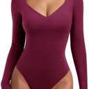 REORIA Long Sleeve Bodysuits for Women Square V Neck Going Out Top Double Lined Thong Body Suit Sexy Slimming Shirt 2025 Fall, Red, S
