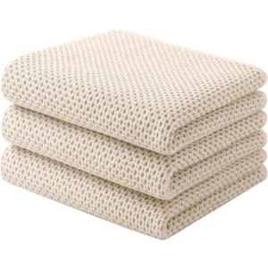 Homaxy 100% Cotton Waffle Weave Kitchen Towels, 3-Pack Ultra Soft Absorbent Dish Towels, Quick Drying Cleaning Towels, 13 x 28 Inches, Beige