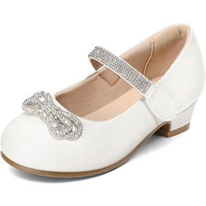 K KomForme Girls Dress Shoes Princess Bow Flats with Rhinestone for Wedding Party, Little Kid (White Pu,Size 1)