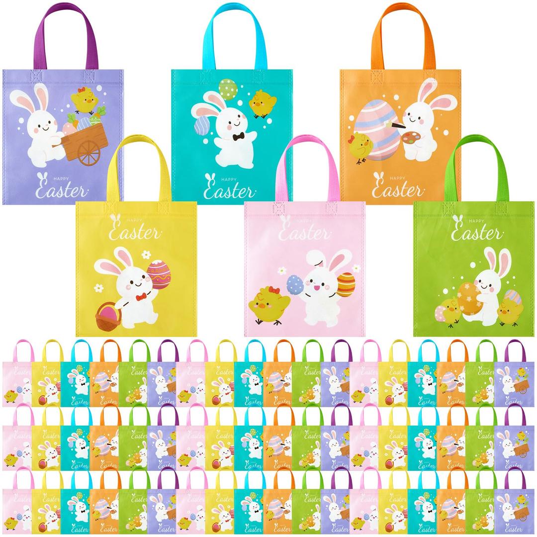 Sweetude Easter Tote Bags Bulk with Handles Bunny Reusable Party Non Woven Treats Goodie Bags for Easter Party Supplies (Egg)