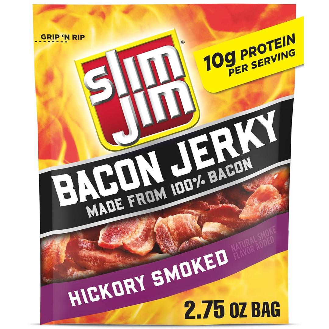 Slim Jim Smoked Bacon Jerky, Hickory Flavor, 10g Protein Per Serving, 2.75 oz. (1 Count), BB Date: 09/05/2025
