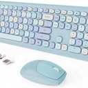 Wireless Keyboard and Mouse Combo, Colorful Ergonomic Full Size Retro Low-Noise Keyboard with Cute keycaps, Compatible with Windows, PC, Perfer for Home and Office Keyboards (Blue)