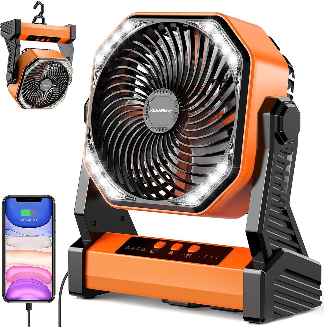 20000mAh Battery Powered Camping Fan, 58Hrs Rechargeable Portable Fan, 400LM Light, 360 Hook, Whisper Quiet Battery Operated Fan for Outdoor Car Travel Gear Essentials Power Outages Co-brand AMACOOL