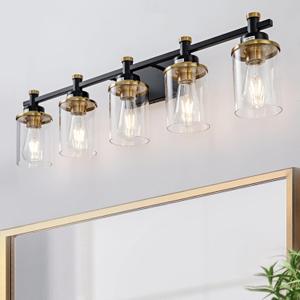 5-Lights Bathroom Light Fixtures, Gold and Black Bathroom Vanity Light Over Mirror, Brushed Gold Bathroom Light Fixtures with Clear Glass Shade for Hallway, Living Room