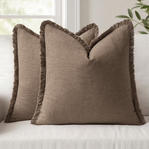 ANRODUO Set of 2 Decorative Throw Pillow Covers 2424 Inch Soft Linen Fringe Farmhouse Boho Vintage Cushion Covers with Tassels Accent Pillowcase for Couch Sofa Bed Living Room Home Decor Cocoa Brown