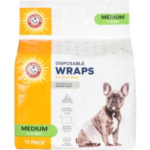 Arm & Hammer Medium Male Dog Wraps, Disposable Belly Band Diapers with Baking Soda Odor Control, Super Absorbent Leak Resistant Design for Marking and Incontinence, 15-23 Inch Waist, 12 Count