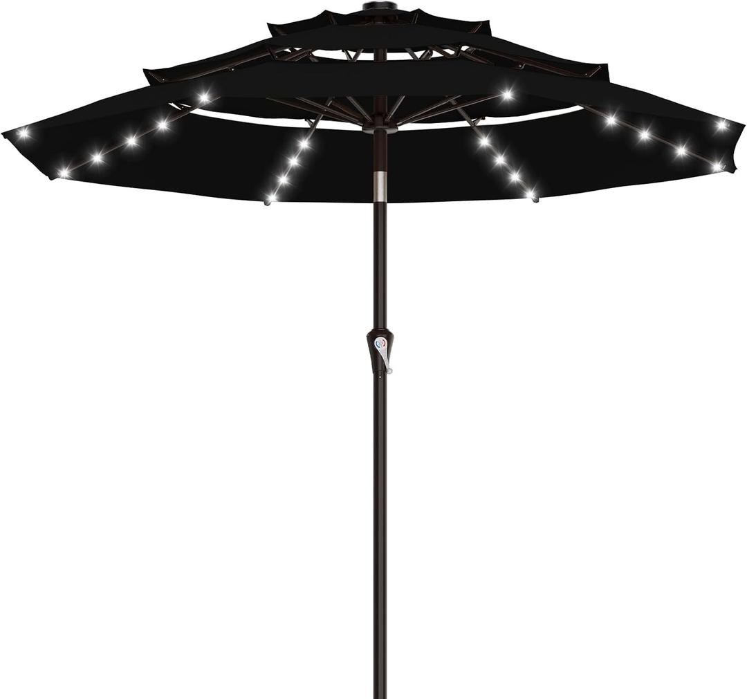 9ft 3 Tiers Patio Umbrella with Solar Lights, Outdoor Umbrella w/ 32 LED Lights&8 Sturdy Ribs, Table Umbrella for Deck, Backyard, Pool (Black)