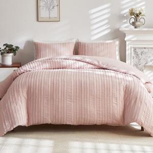 WARMDERN Pink Tufted Duvet Cover Set Queen Size, Striped Textured Duvet Cover Boho Bedding Set, 3 Pcs Ultra Soft Washed Microfiber Duvet Cover with Zipper Closure (Queen, Pink)