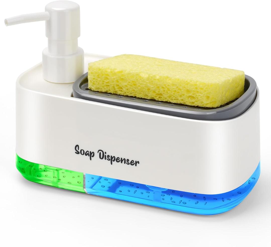 Hand and Dish Soap Dispenser Set for Kitchen, Dual Soap Dispenser with Sponge Holder, 3-in-1 Countertop Soap Pump Dispenser for Kitchen Sink, Useful Kitchen Gadgets - White
