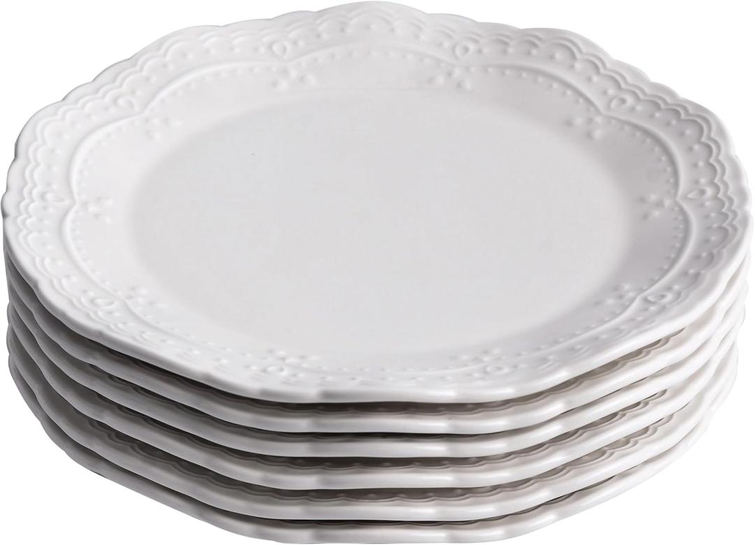 10 Inch Porcelain Dinner Plates Set of 6, White, Embossed, Dishwasher safe, Microwave safe (Picapica 10)
