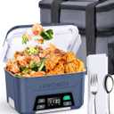 Rechargeable Heated Lunch Box for Men, 1.3L Cordless Electric Lunch Box for Adults with Scheduled Heating, Portable Food Warmer with Large Bag, Cutlery, Removable Divider (Blue)