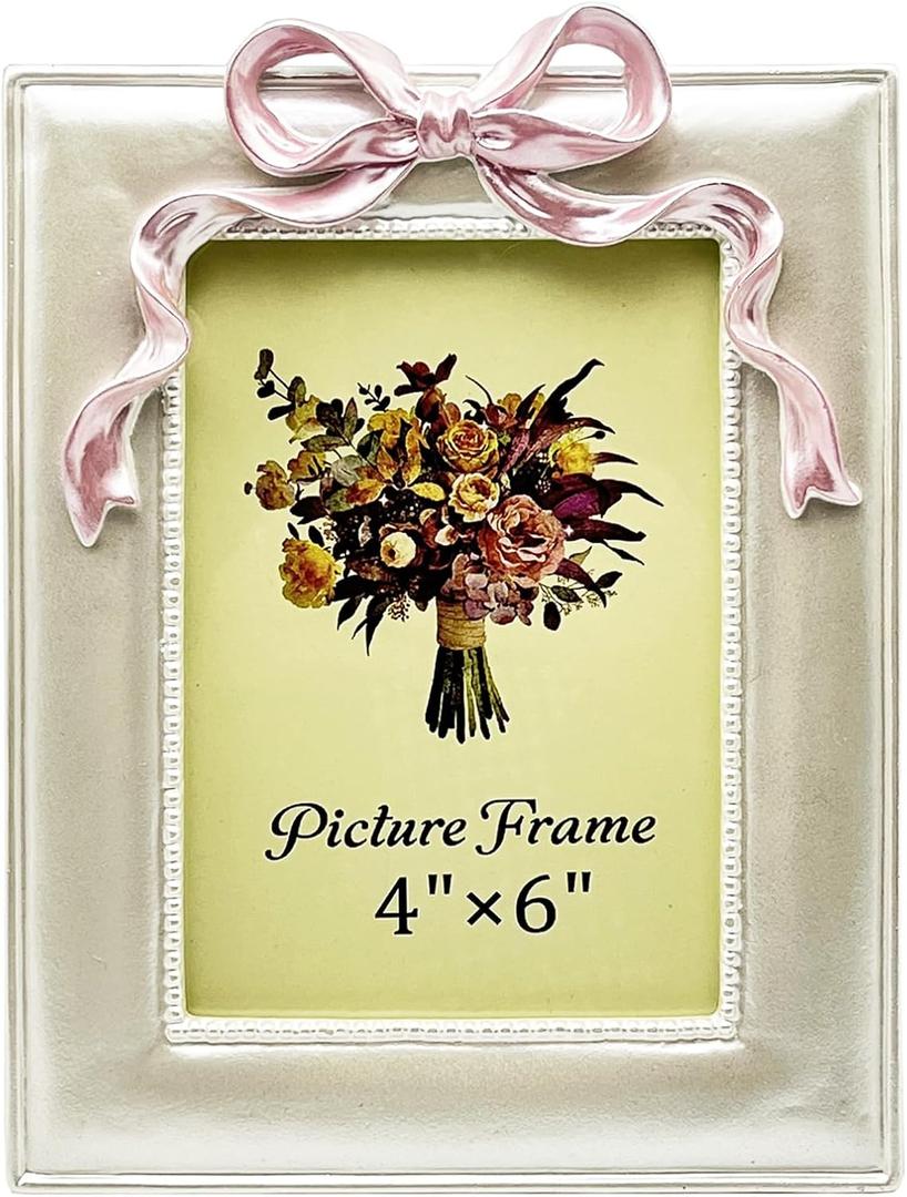 Vintage Picture Frame 4x6 Inch, Ornate Cute Photo Frames with Glass Front, Pink Bow Design, Tabletop & Wall Hanging, Girls Room Decor, Gift Ideas, Pearly White