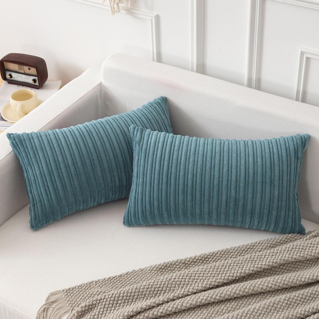 Kevin Textile Set of 2 Oblong Pillow Covers 12x20 Inch Sofa Plush Striped Corduroy Velvet Rectangular Lumbar Throw Pillow Cases Cushion Covers Boho Home Decor for Couch Sofa Bed Chair, Blue Grey