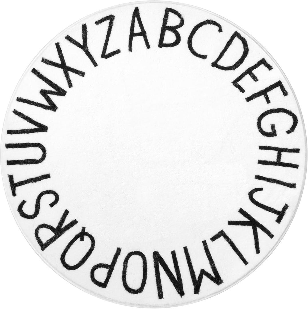 SHACOS Ultra Soft Fluffy Round ABC Rug 4 Ft Printed Letters Washable Cushioned Rugs for Toddlers Baby Crawling Kids Room Playroom Nursery Alphabet Educational Classroom Carpet, White