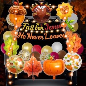 Fall Halloween Trunk or Treat Car Decorations Kits with Christian Fall for Jesus He Never Leaves Banner Fall Balloons Autumn Foil Balloons for Religious Car Trunk Decorations Jesus Party Decor