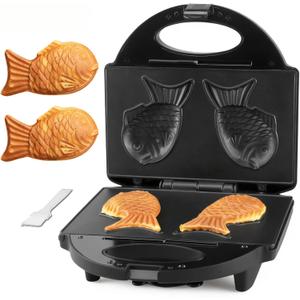 FineMade Taiyaki Fish Waffle Maker Machine with Non Stick Cooking Plate, Electric Japanese Fish Shaped Waffle Iron Pan, Korean Bungeoppang Pan, Recipe Included