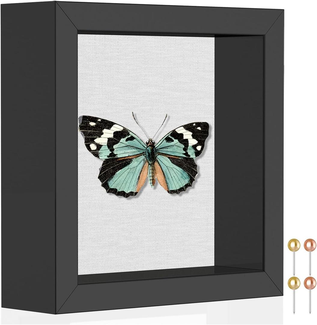 Califortree 5x5 Small Shadow Box Picture Frame with Soft Linen Back - Push Pins Included, Memory Shadow Box Display Case, Black