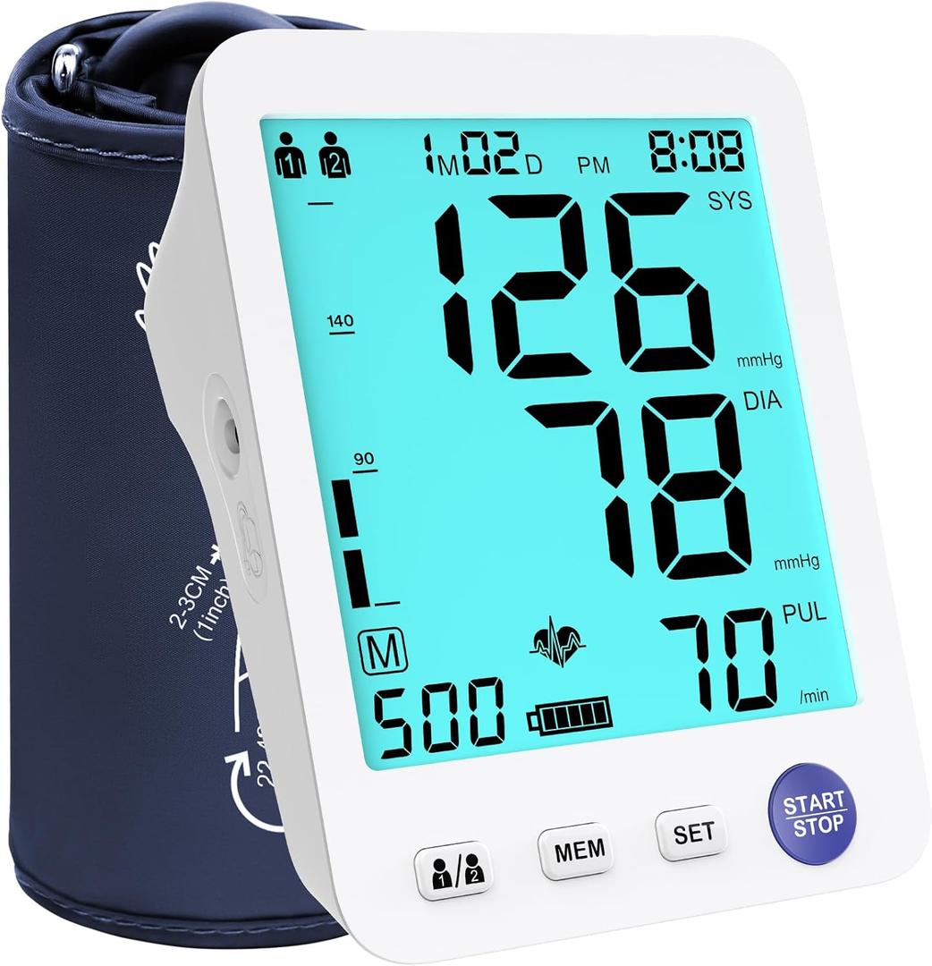 ADKING Automatic Upper Arm Blood Pressure Monitor Home Use, Large BP Cuff, Large Backlit Display, 2X500 Memories, Nylon Carry Case (Blue)