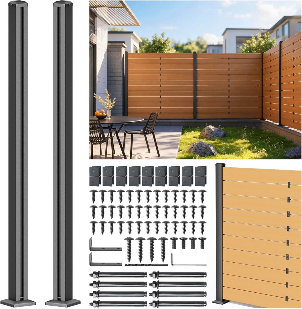 5FT 201 Stainless Steel Heavy Duty Fence Post for Wood Slats(End Post), Outdoor Ground Install Wooden Privacy Fence Panels Posts Matte Black 2Pack
