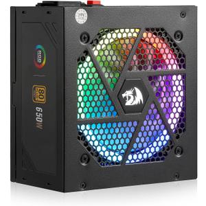 Redragon RGPS-650W 80+ Gold 650 Watt ATX Fully Modular Power Supply w/ 80 Plus Gold Certified, Compact 160mm Size & RGB Low Noise Smart-ECO 0 RPM Fan, 100% Japanese Capacitors, Full Mod Cables, Black
