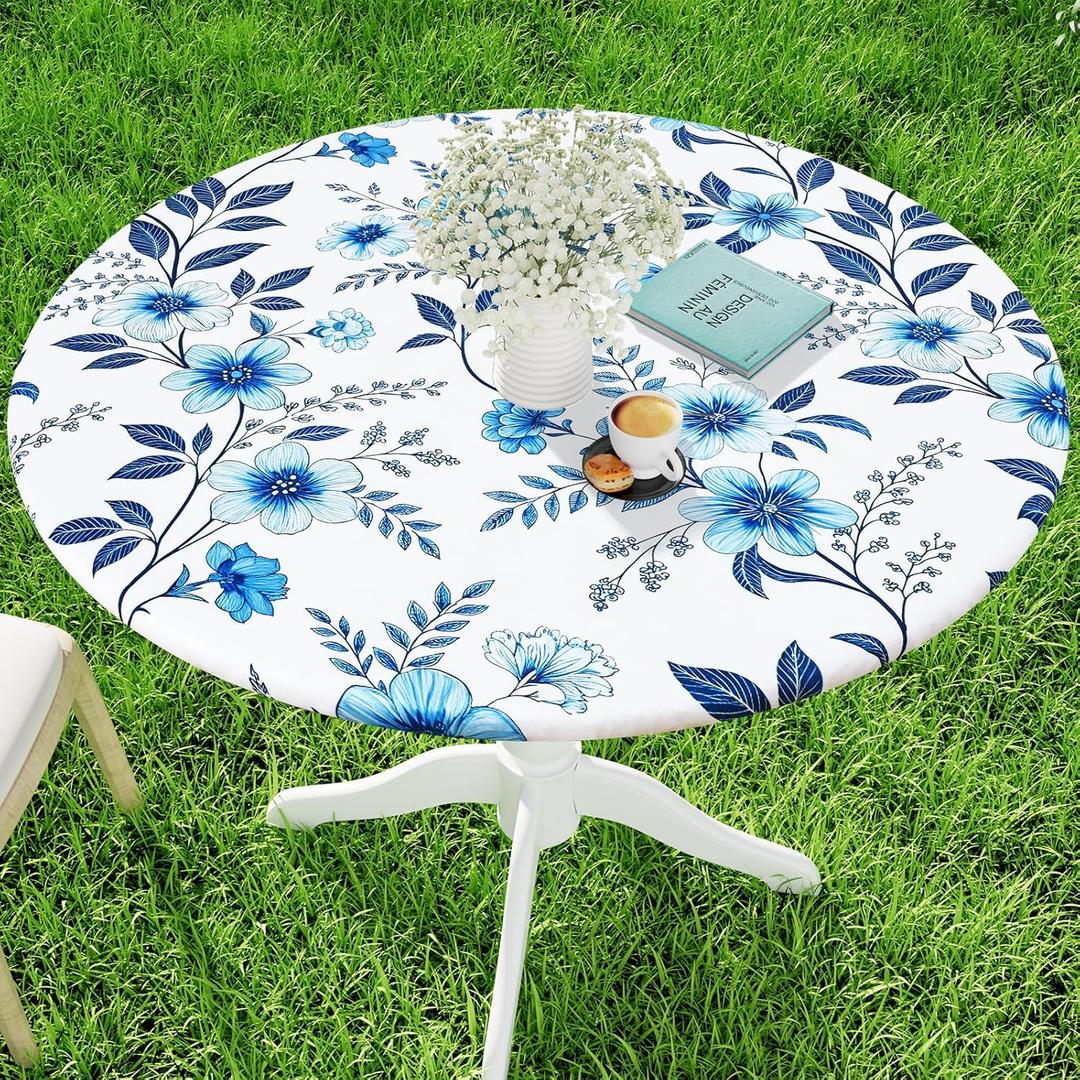 Moosfor Spandex Elastic Fitted Round Tablecloth for 45"-56" Tables, Stretch Washable Reusable Table Cover for Outdoor Picnic, Camping, Dining, Kitchen, Patio and Party, Cerulean Blue Flower