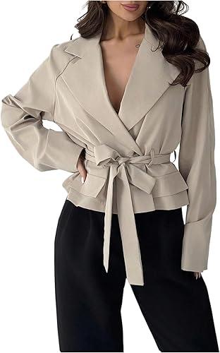 GORGLITTER Women's Cropped Short Trench Coat Jacket Blazer Fall Trendy Long Sleeve Belt Business Casual Work Outerwear, M, Khaki