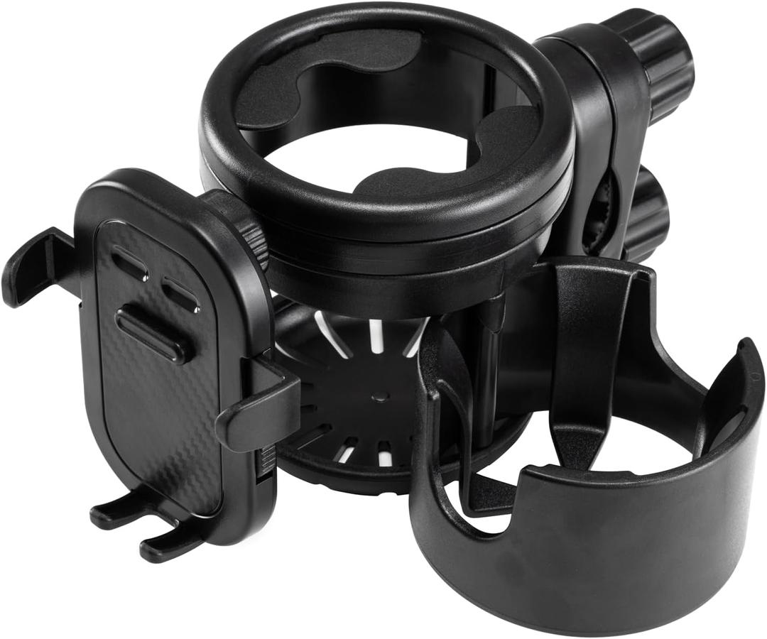 Two Clips 3in1 Big Holder, Universal Stroller Cup Holder, Adjustable Drink Holder,Removable Phone Holder for Wheelchair, Stroller, Bike, Walker, Scooter, Bicycle (Black)