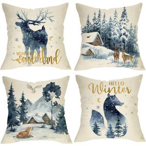Hello Winter Wonderland Reindeer Fox Decorative Throw Pillow Covers 18x18 Set of 4, Forest Deer Owl Animal Snow Outdoor Porch Patio Home Christmas Decor, Blue Watercolor Tree Sofa Cushion Case