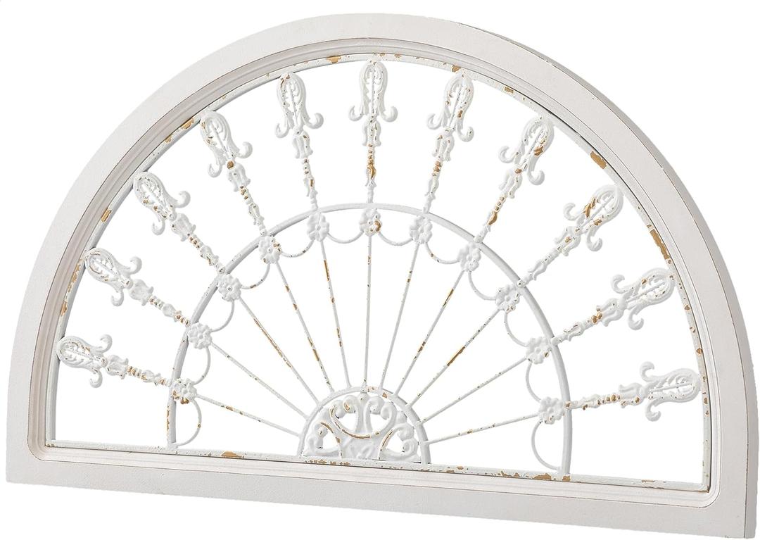 Sintosin Vintage White Arched Wrought Iron Wall Decor 17 X 30 Inches, Hanging Distressed Finish Metal Wall Art over the Door Decor, Rustic Half Round Wood and Metal Door Topper Wall Decor Living Room
