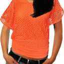Smile Fish Women Casual Sexy 80s Costumes Fishnet Neon Off Shoulder T-Shirt (Orange, US 6-8/ Tag Size M), 2Pcs