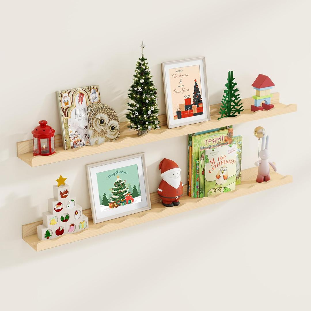 Fun Memories Picture Ledge Shelf for Wall, 48 inch Pine Wood Nursery Book Shelves Set of 2- Wall Book Shelves for Kids Room, Home Decor - Kitchen Spice-Natural