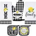 5 Pieces Buffalo Plaid Kitchen Towels Oven Mitts and Pot Holder Set Black and White Kitchen Towels Oven Gloves, Hot Pads Pot Holders for Farm House Accessories Decor(Lemon)