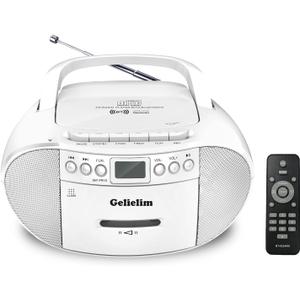Gelielim CD and Cassette Player Combo, Portable Cassette Tape Player, 5.1V Bluetooth Speaker, AM FM Radio, USB Playback/Earphone Jack, Remote Control, Plug in for Home (White)