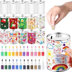 Tandefio 16 Pcs DIY Coin Piggy Bank Metal Money Piggy Bank Saving Box Operation with 24 Acrylic Paint Markers Craft for Creative Gift Boys Girls Birthday Party Supplies (White)