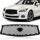 Front Bumper Upper Grille accessories Compatible with 2014-2017 Infiniti Q50 Replacement Shroud W/Camera Hole Air Inlet Gloss Black Mesh Grill 623104HB1B